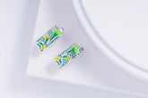 Rectangle Lotus Leaf Enamel Silver Earrings